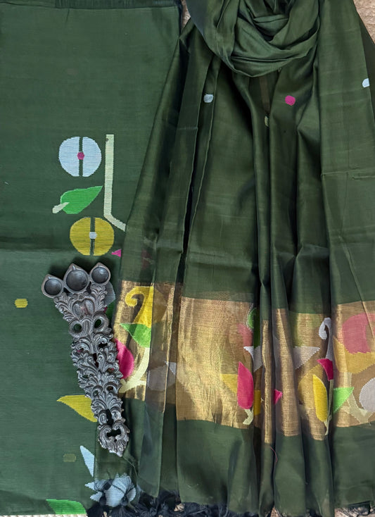Uniform Green handwoven jamdani pure cotton silk kurta set mjk-