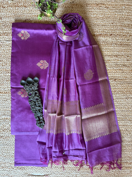 Iris purple Chanderi handloom Banarsi Booti three piece suit