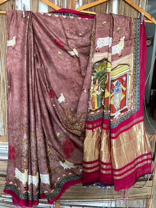 BLUSH PINk  PICHWAI MODAL SILK PRINT SARI WITH ZARI BORDER