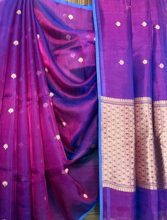 Indigo Violet Purple Kora Tissue silk certified  handloom banarsi sari with woven zari