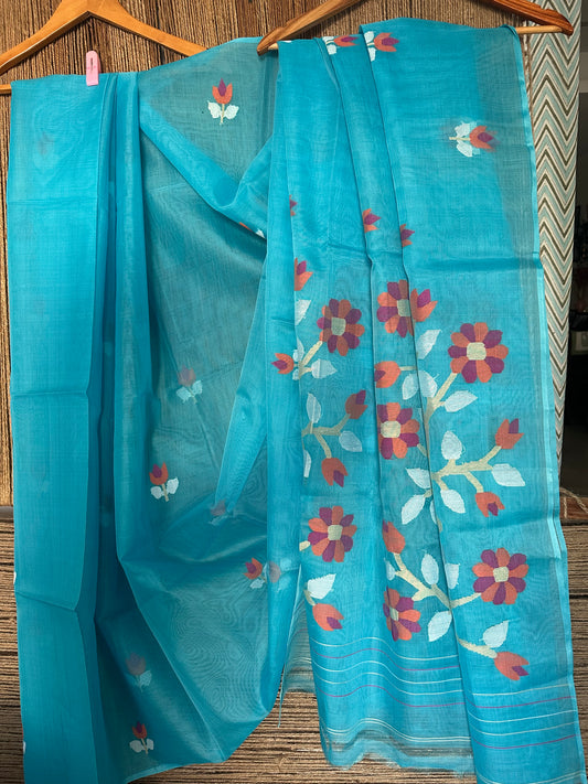 SKY BLUE JAMDANI HANDWOVEN PURE MUSLIN SILK SARI