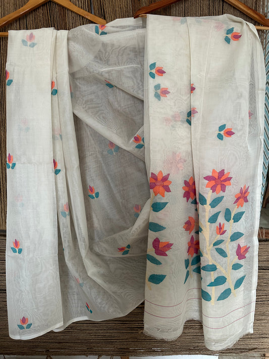 PEARL WHITE JAMDANI HANDWOVEN PURE MUSLIN SILK SARI