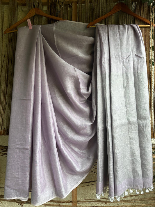PURPLE LILAC TISSUE LINEN ZARI SARI WITH WOVEN YELLOW BORDER &amp;  TASSELS