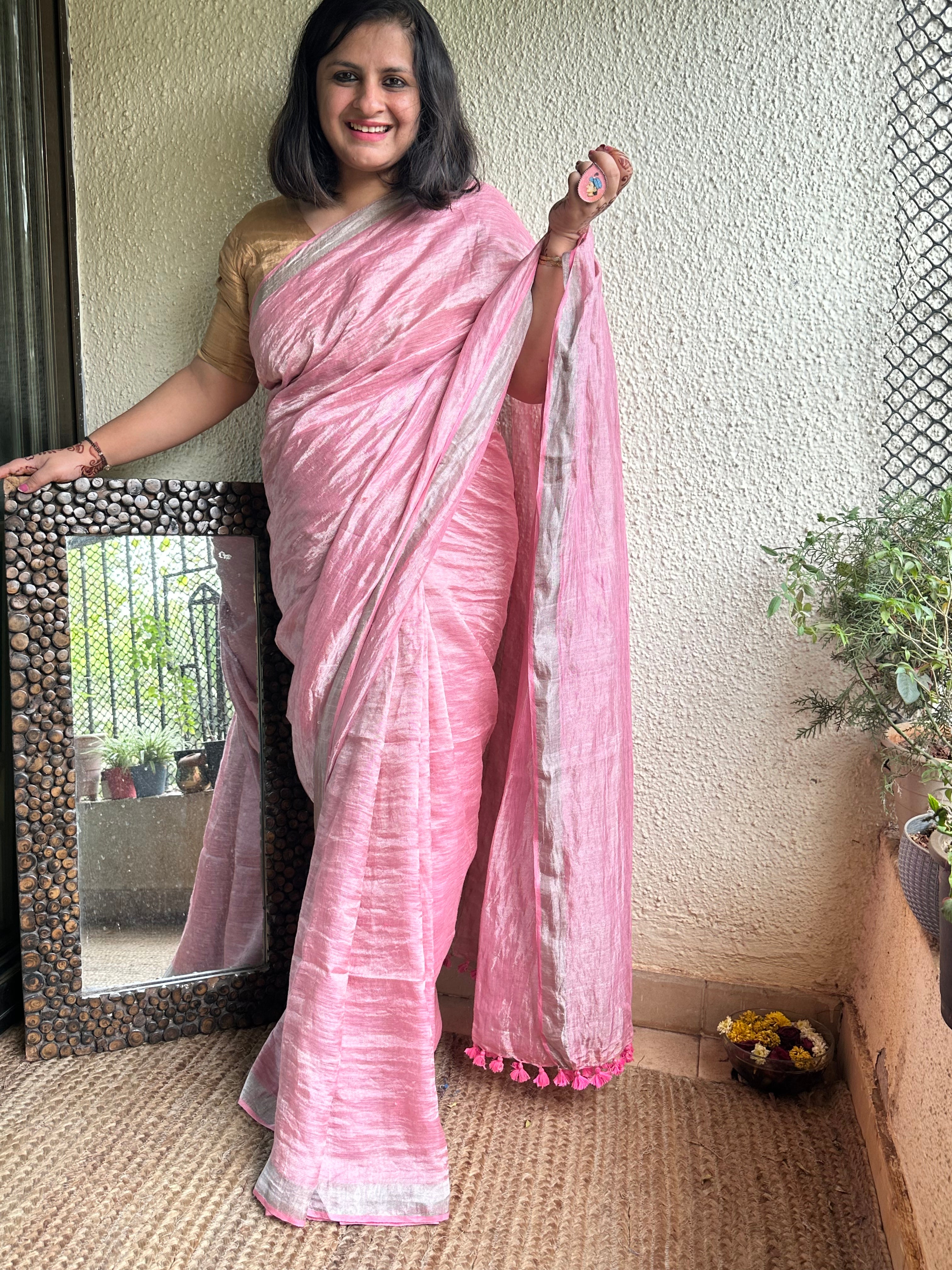 Light Grey and Golden Zari copy Woven Linen Silk Saree for Wedding | TST |  The Silk Trend