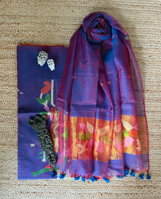 LUXURY PURPLE HANDWOVEN JAMDANI PURE MUSLIN SILK KURTA SET MJK-112