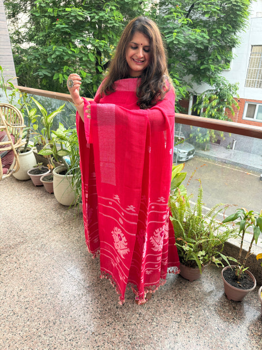 RED PINK PURE JAYSHREE  LINEN JAMDANI HANDWOVEN KURTA SET