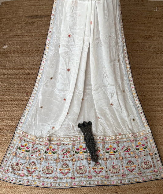 Ivory blue  elephants motif dupatta chinos silk embroidered dupatta
