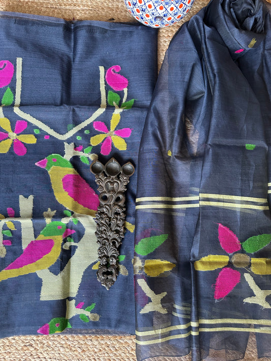 BLACK HANDWOVEN JAMDANI PURE MUSLIN SILK KURTA SET MJK-70