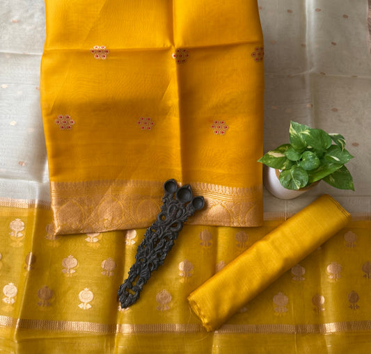 Clear Yellow kora silk certified handloom banarsi kadwa butti with woven zari three piece suit