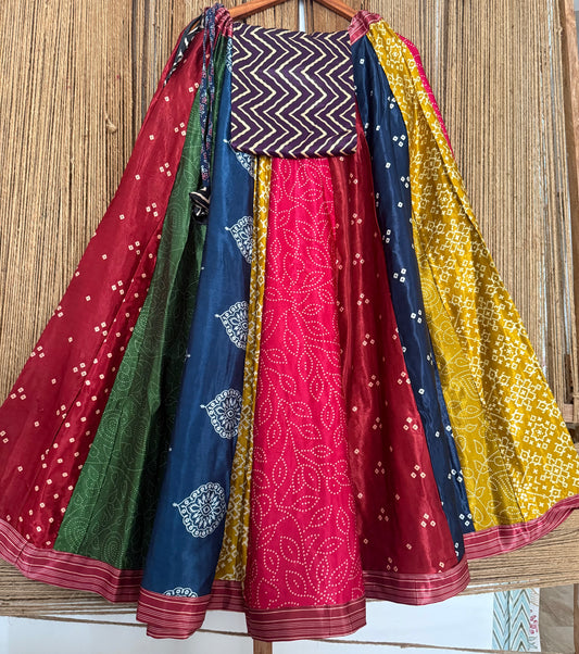 Purple mashru silk blouse-with Multicolour patchwork  handcrafted mashru silk Skirt