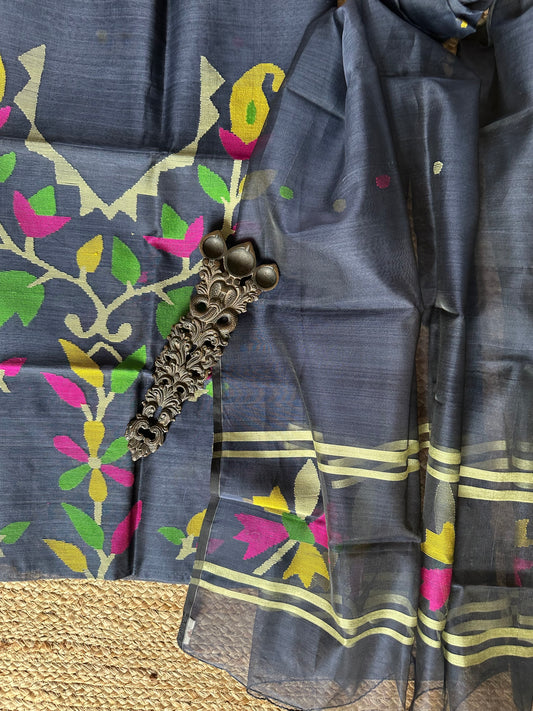 BLACK HANDWOVEN JAMDANI PURE MUSLIN SILK KURTA SET MJK-67