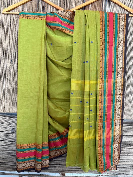 OLIVE GREEN TRADITIONAL KANCHI COTTON SARI WITH ELEPHANT,PEACOCK & PAISLEY DESIGN WITH RUNNING BLOUSE