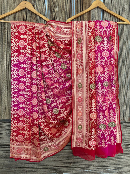 Pink & Red dual shade Handwoven Neem Zari Bareek Bandhani Saree with Khaddi Georgette with Meenakari Work BS- 19