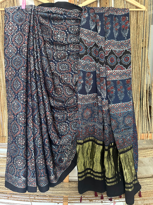 INDIGO AJRAKH MODAL SILK SARI WITH ZARI BORDER