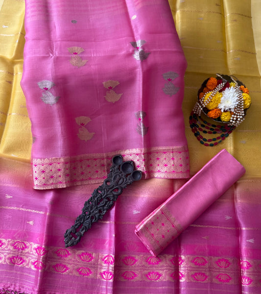 Salmon Pink Ombré Shade kora silk certified handloom banarsi kadwa booti meenakari three piece suit