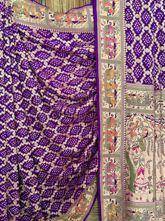 Ultra violet purple Handwoven Rai  Bareek Bandhani Saree Meenakari Jaal with Khaddi Georgette
