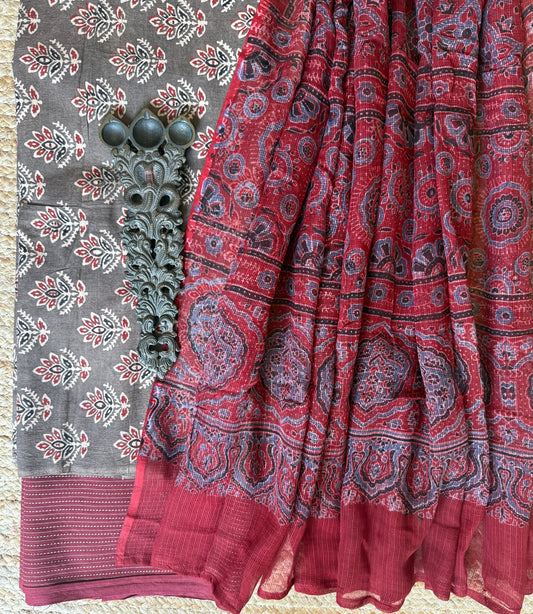 BROWN AJRAKH HANDBLOCK COTTON KURTA WITH KOTA DUPATTA THREE PIECE SUIT SET