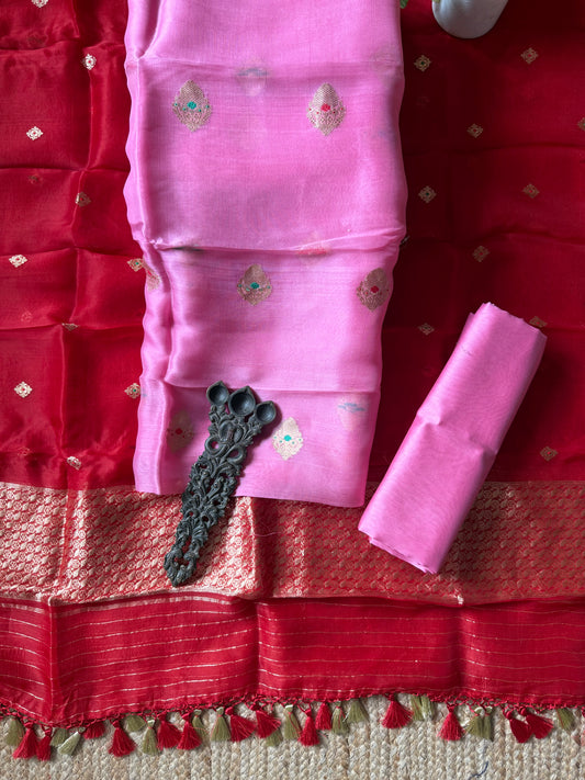 Bubblegum Pink kora silk certified handloom banarsi kadwa booti meenakari three piece suit