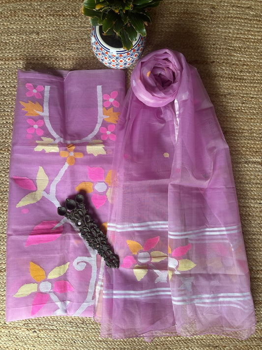 LAVENDER PURPLE HANDWOVEN JAMDANI PURE MUSLIN SILK KURTA SET MJK-41
