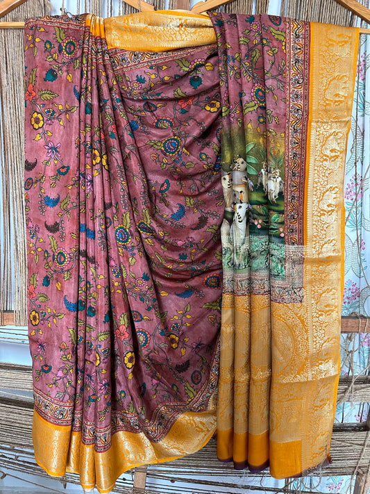 LIGHT BROWN YELLOW SILK PICHWAI PRINT ZARI BORDER SARI