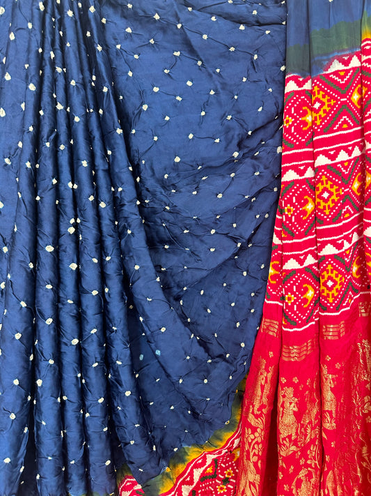 BLUE PINK MODAL SILK BANDHANI  SARI WITH PATOLA PRINT