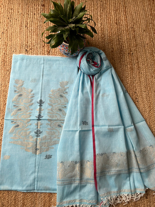 ICE BLUE JAMDANI WOVEN MULL KURTA SET