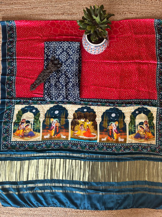 BLUE PATOLA PICHWAI MASHRU  SILK KURTA WITH  HANDCRAFTED MODAL SILK DUPATTA