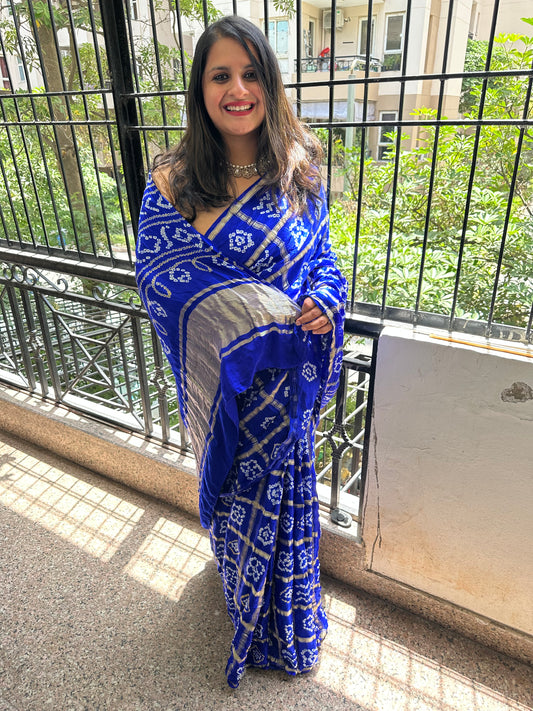 SAPHIRE BLUE GAJJI SILK RAI BANDHANI  GHARCHOLA SARI