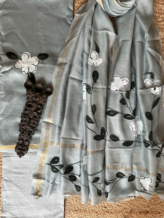 GRAYS BLUE CHANDERI HAND BLOCK SUIT SET