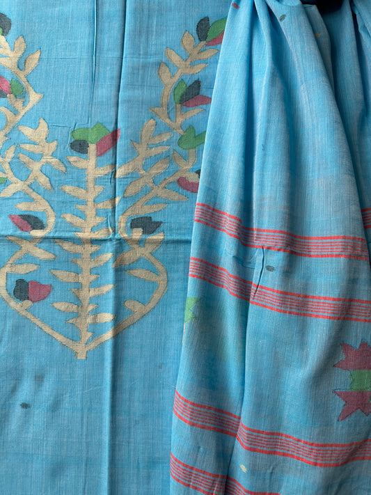 TURQUOISE BLUE JAMDANI WOVEN MULL KURTA SET