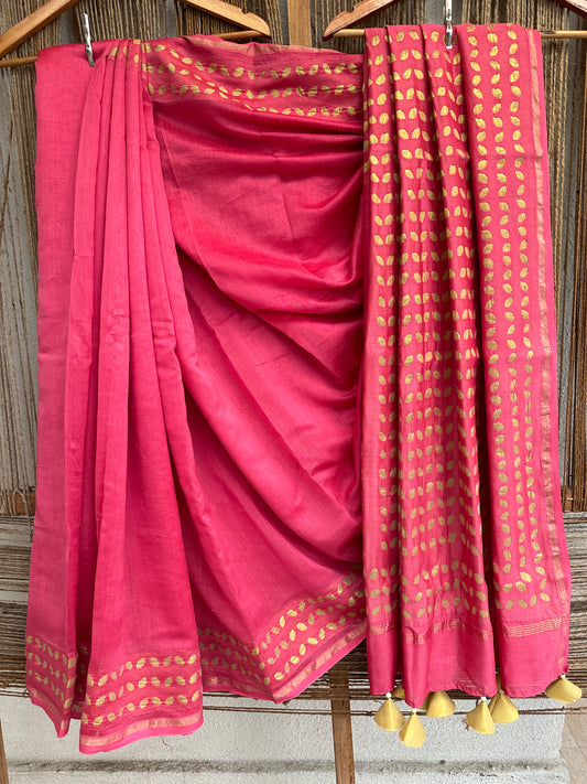 PINK CHANDERI SILK HANDCRAFTED APPLIQUE SARI