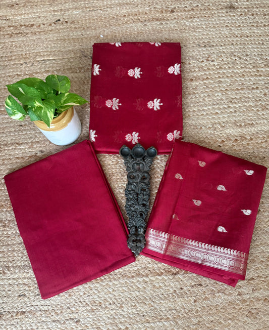 Vivid Maroon Chanderi handloom  banarsi booti three piece suit