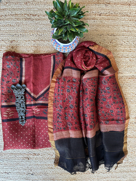 MAROON RED AJRAKH SILK HANDBLOCK SUIT SET