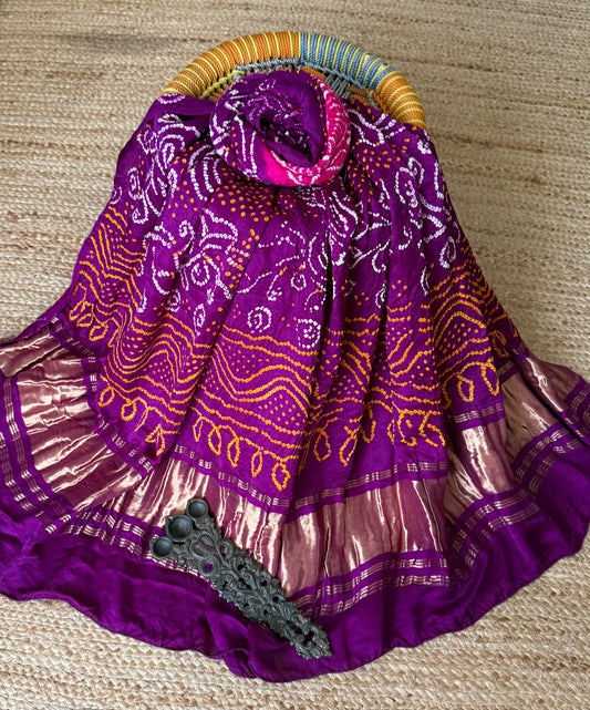 Eggplant Purple rai bandhani gajji silk Handcrafted Gharchola dupatta
