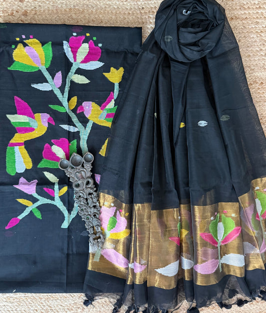 Crow Black handwoven jamdani pure cotton silk kurta set mjk