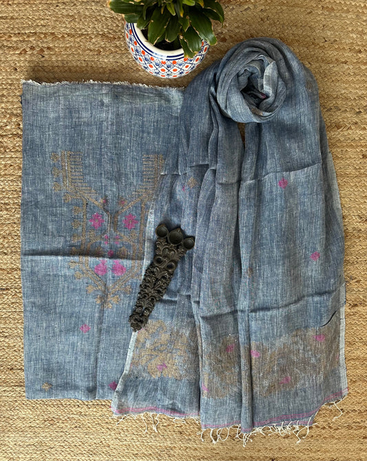STONE BLUE  JAMDANI WOVEN LINEN  KURTA SET LJS- 1032
