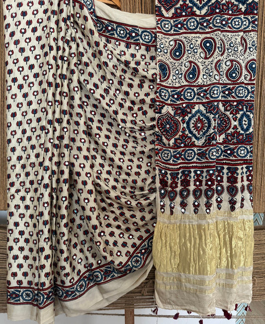 BEIGE AJRAKH HANDCRAFTED MIRROR WORK MODAL SILK SARI WITH ZARI PALLU