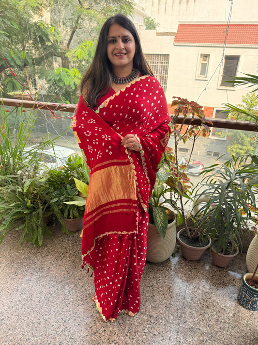 RED MODAL SILK HANDKNOTTED   BANDHANI SHIBORI SARI bss-1