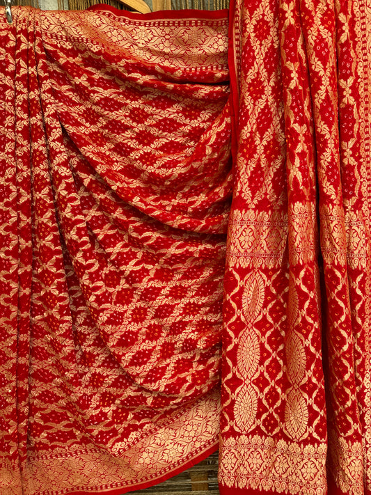 Red Handwoven Neem Zari Bareek Bandhani Saree with Khaddi Georgette