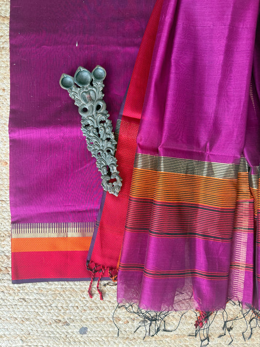 Raspberry maheshari border silk handloom kurta set