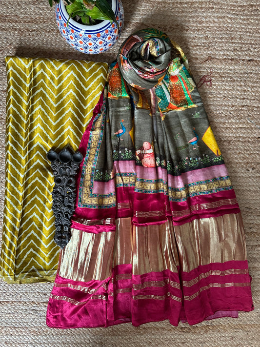 MUSTARD ZIGZAG MASHRU SILK KURTA WITH PATOLA HANDCRAFTED MODAL SILK DUPATTA PS-29
