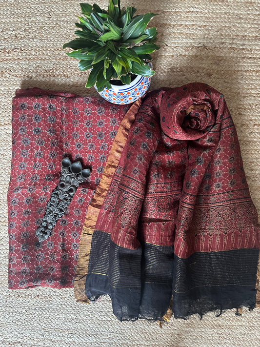 MAROON AJRAKH  LINEN SILK HANDBLOCK SUIT SET