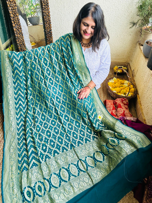Sea  blueHandwoven NeemZari Bareek Bandhani in Khaddi Georgette dupatta
