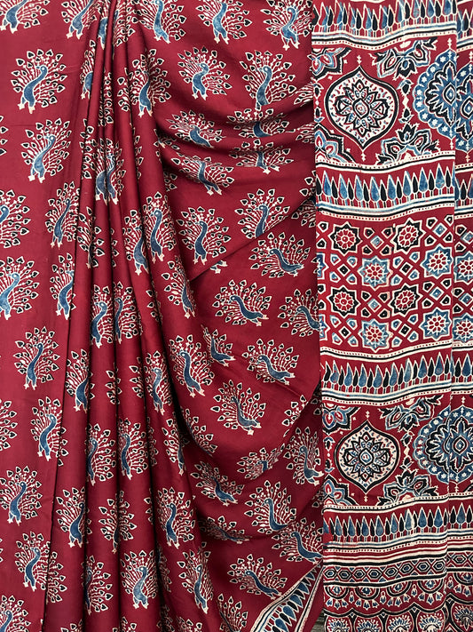 RED MAROON PEACOCK AJRAKH MODAL SILK SARI WITH BORDER