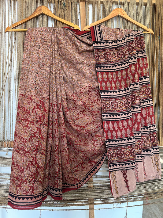 MAROON BEIGE KALAMKARI MULL COTTON HANDCRAFTED SAREE – Weavekala