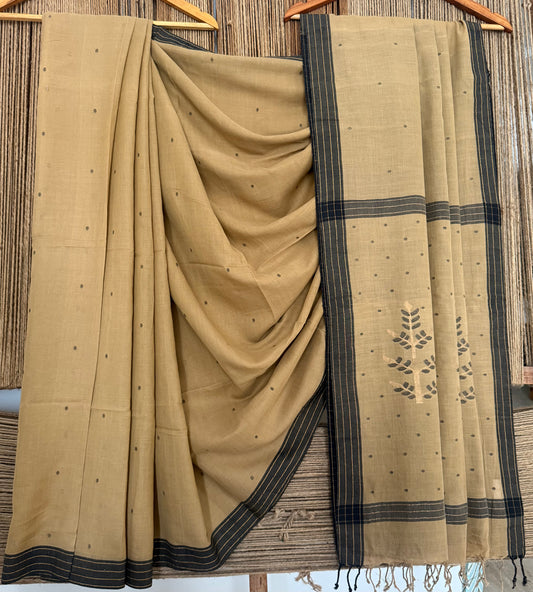 Camel Beige handloom cotton needle jamdani wove sari