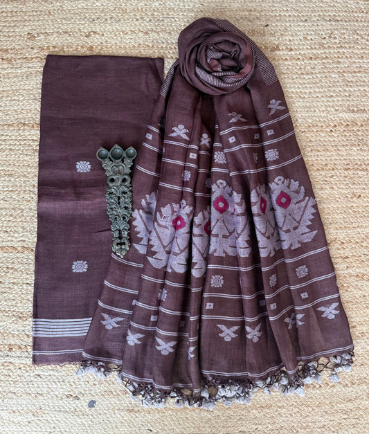 TAUPE BROWN PURE JAYSHREE  LINEN JAMDANI HANDWOVEN KURTA SET
