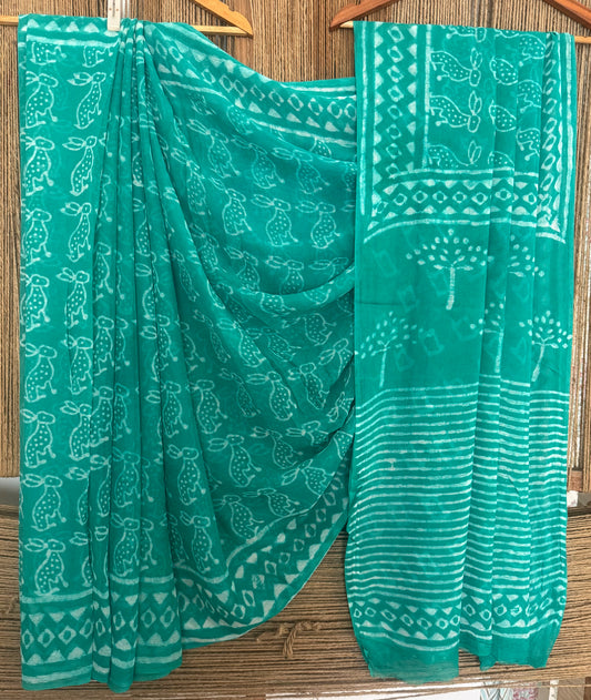 Turquoise Green Georgette doria handblock sari