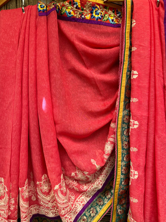 BEAUTIFUL PURE LINEN PEACH ORANGE SAREE