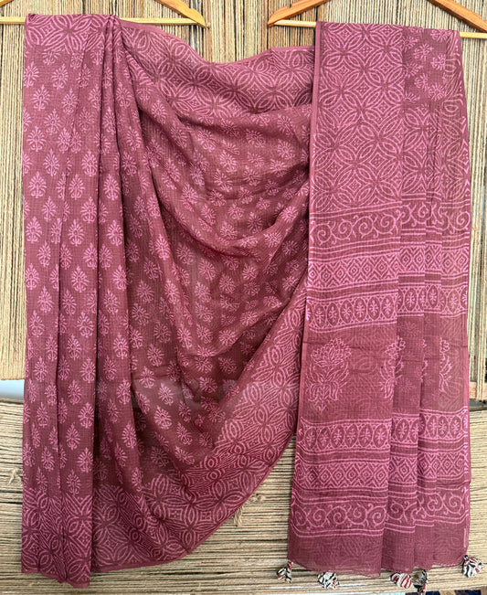 BURNT BURGUNDY KOTA DORIA HANDBLOCK SARI